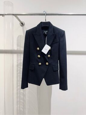 Balmain Navy Textured Double-Breasted Blazer with Gold Buttons